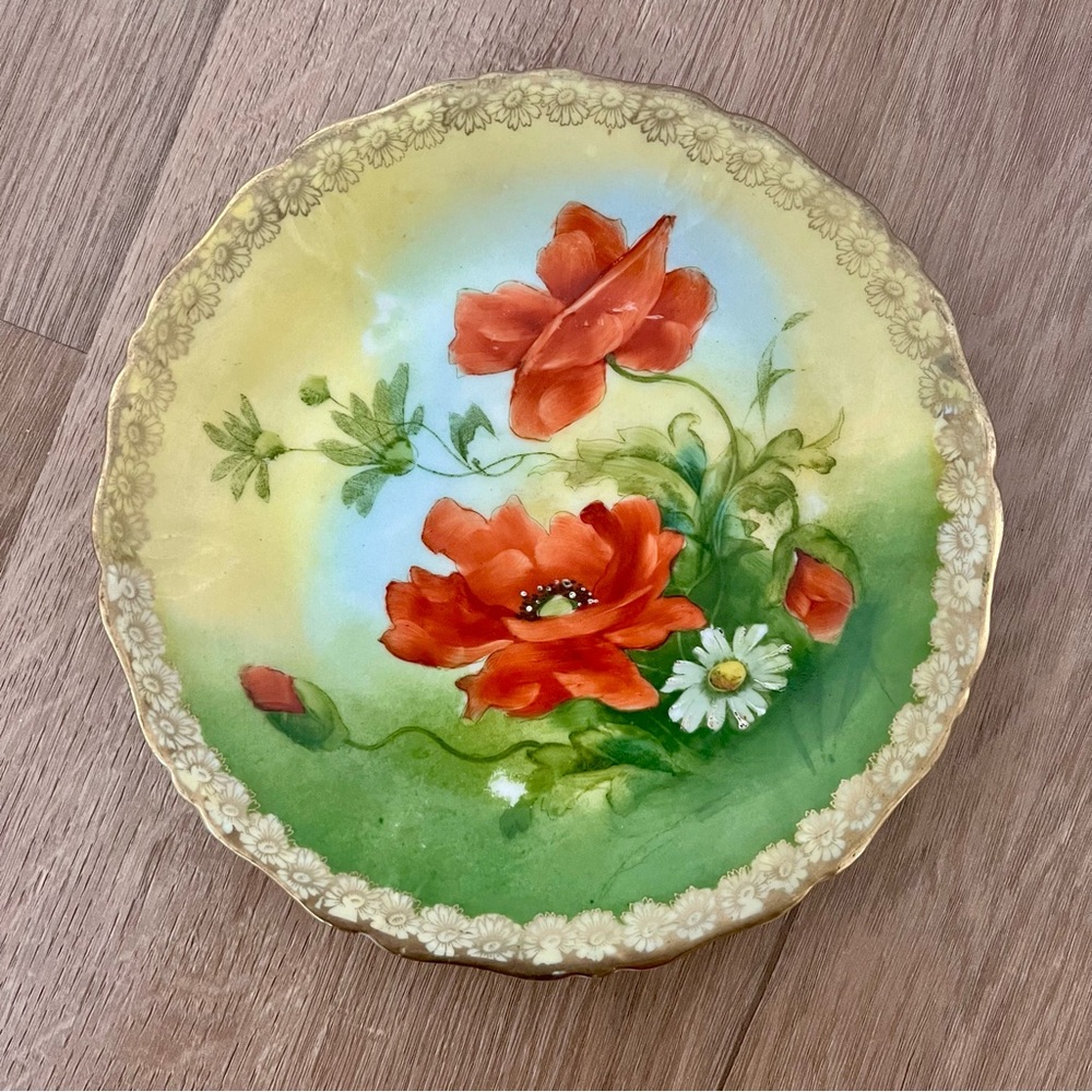 VINTAGE PRUSSIA HAND PAINTED PLATE ORANGE POPPIES‎ 6.25"